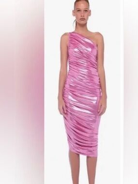 One-Shoulder Pink Ruched metallic Diana Midi Dress